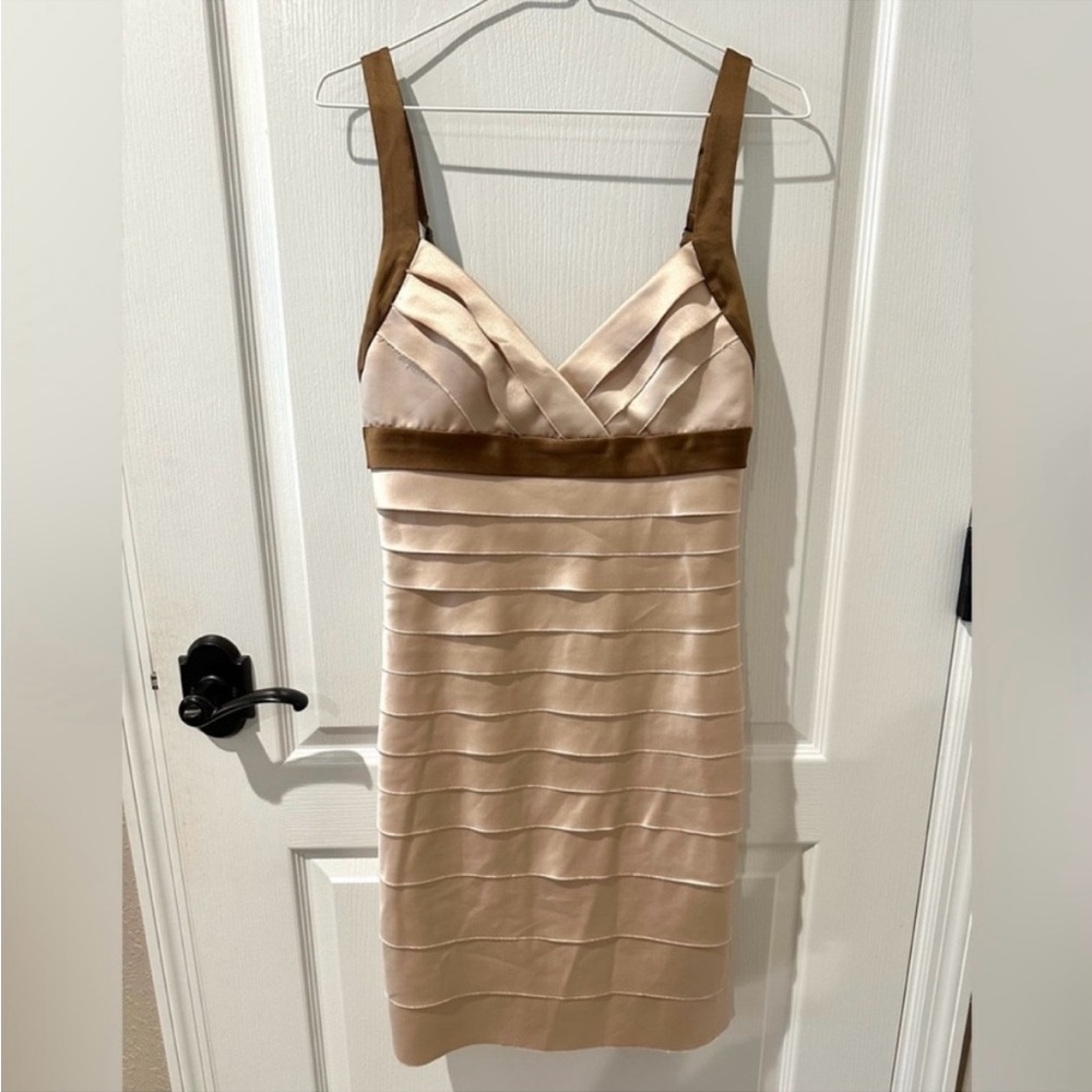 BCBG MaxAzria Champagne and Brown Bandage Sleeveless Silk Cocktail Dress